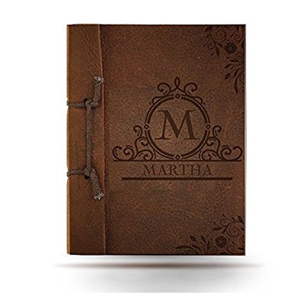 Brown Antiqued Leather Notebook with Engraved Initial, Name, and Message